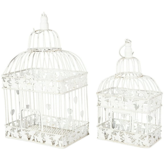 DecMode Indoor Outdoor Hinged Top White Metal Birdcage with Latch Lock Closure and Hanging Hook, Set of 2