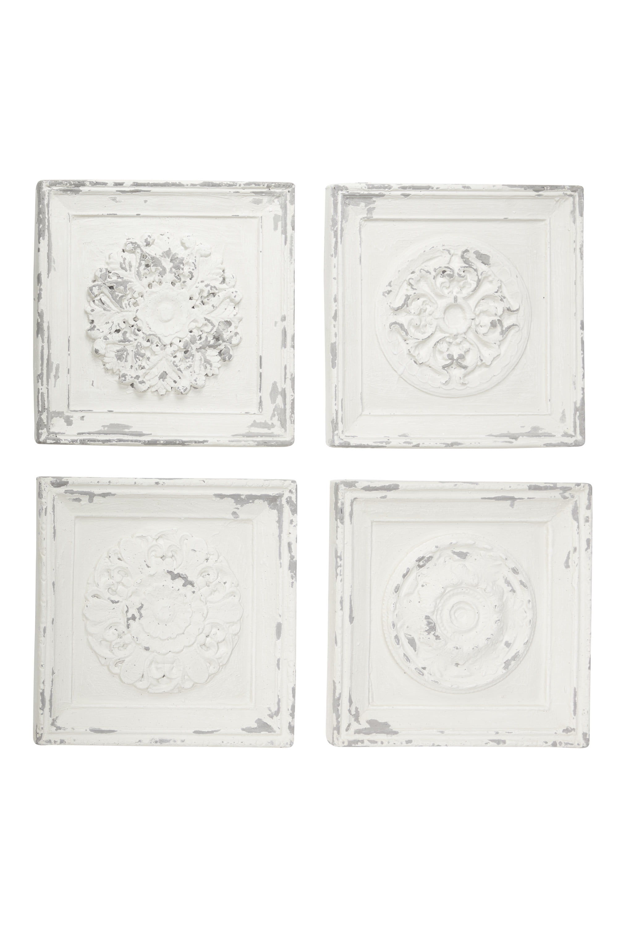 Medium White Distressed Wood Vintage Floral Wall Decor Set