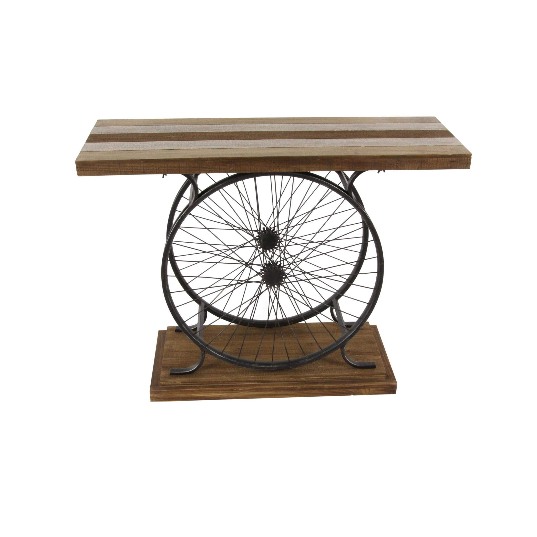 DecMode Industrial Fir Wood and Metal Wheel Console Table, 39