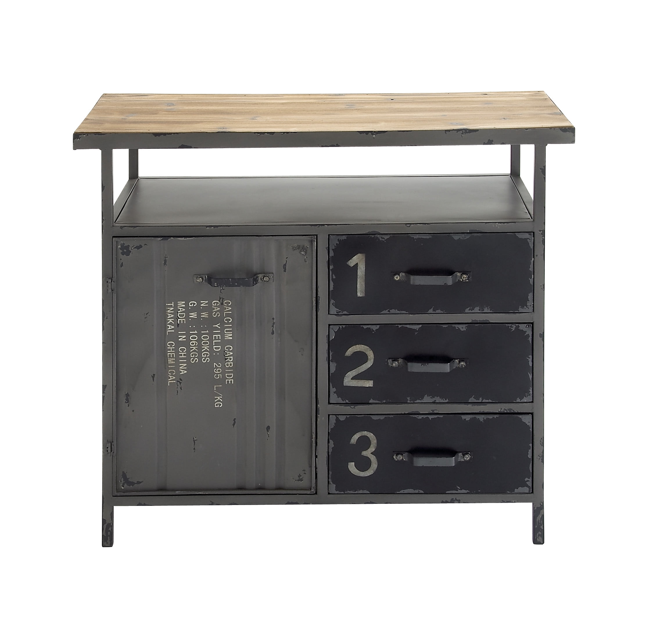 Gray Industrial Metal Cabinet with Wood Top and Drawers