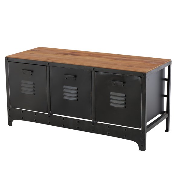 DecMode Industrial Metal Rectangular Storage Bench with Wooden Tabletop and Distressed Black Finish, 39"W x 19"H