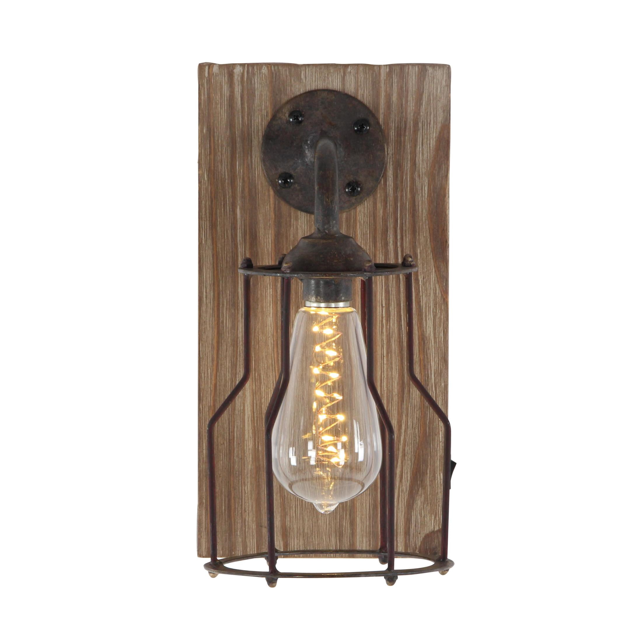 DecMode Industrial Metal Wall Sconce with Wood Backplate and Iron Cage, 6"W x 11"H Features Rustic Brown Finish