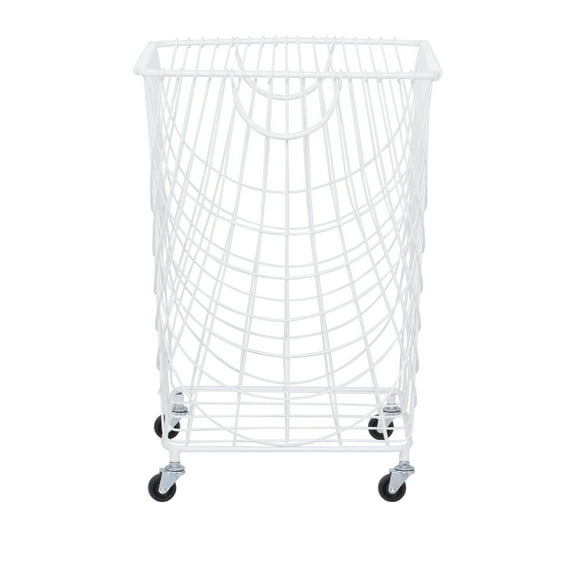 DecMode Industrial White Metal Rolling Laundry Basket, 17"W x 24"H