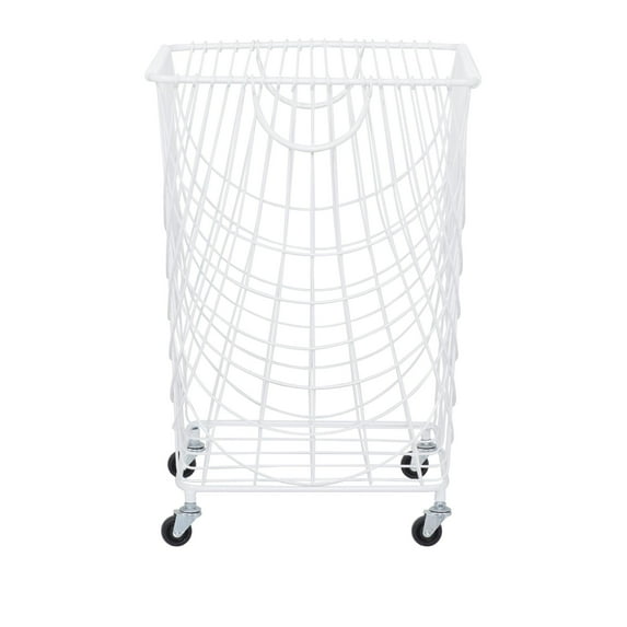DecMode Industrial White Metal Rolling Laundry Basket, 17"W x 24"H