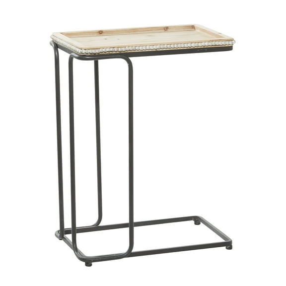 DecMode Iron Industrial C Shaped Side Table with Bead Accents 20"W x 26"H, Cream/White Wooden Finish and Black Metallic Frame