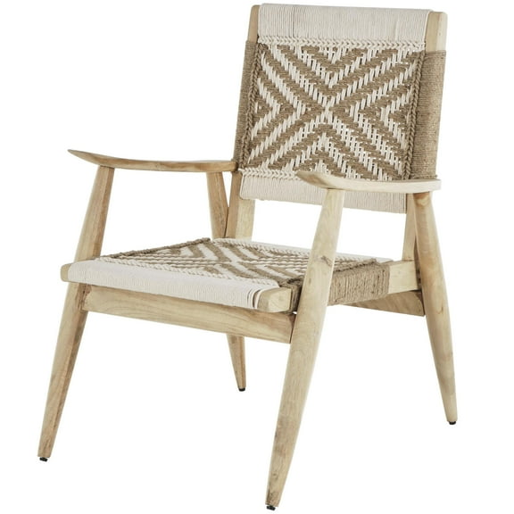 DecMode Jute Rope Handmade Lounge Chair with Brown Mango Wood Frame, White