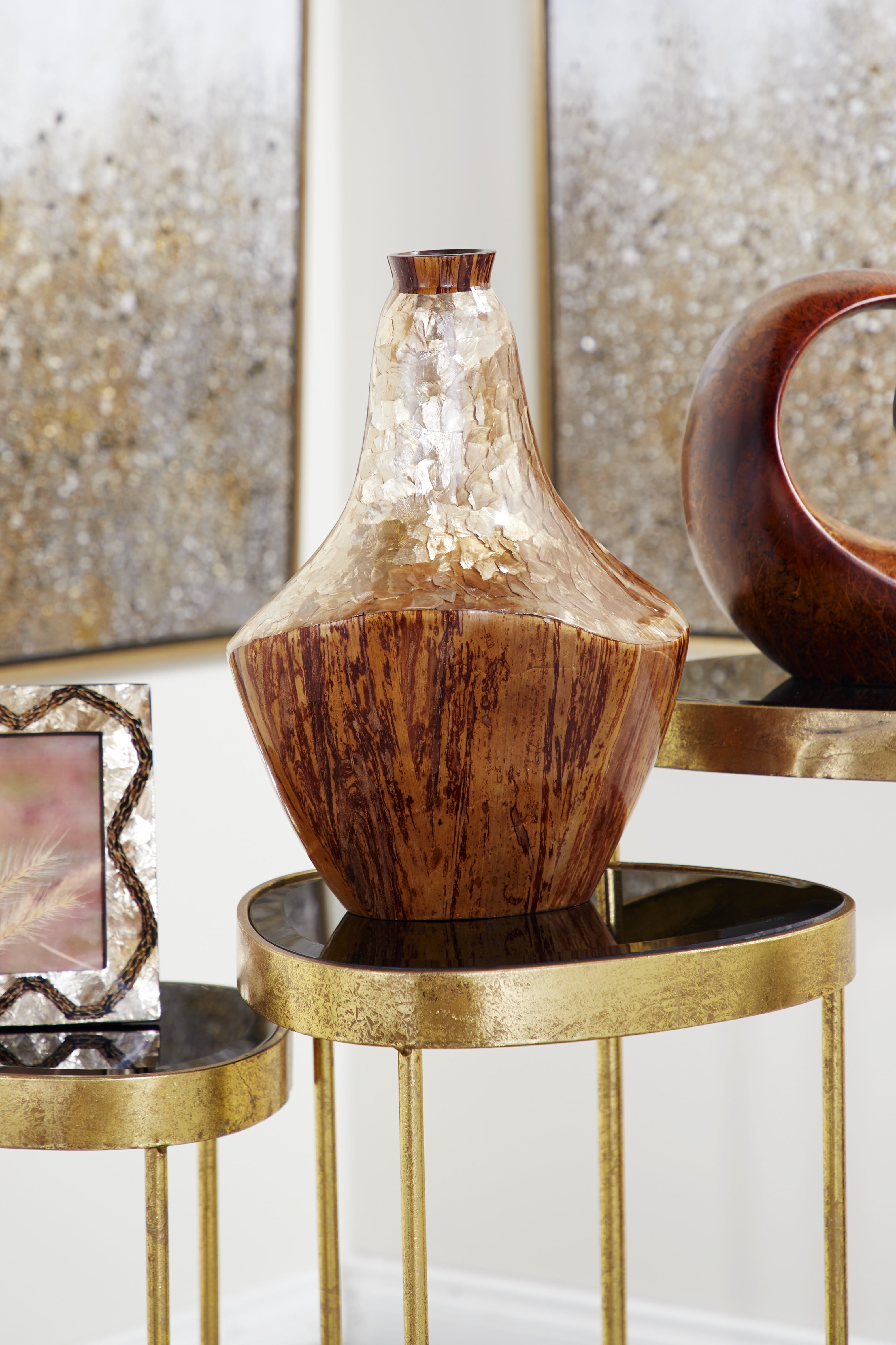 DecMode Large Gold Capiz Shell & Natural Banana Wood Vase, 11”x 15”
