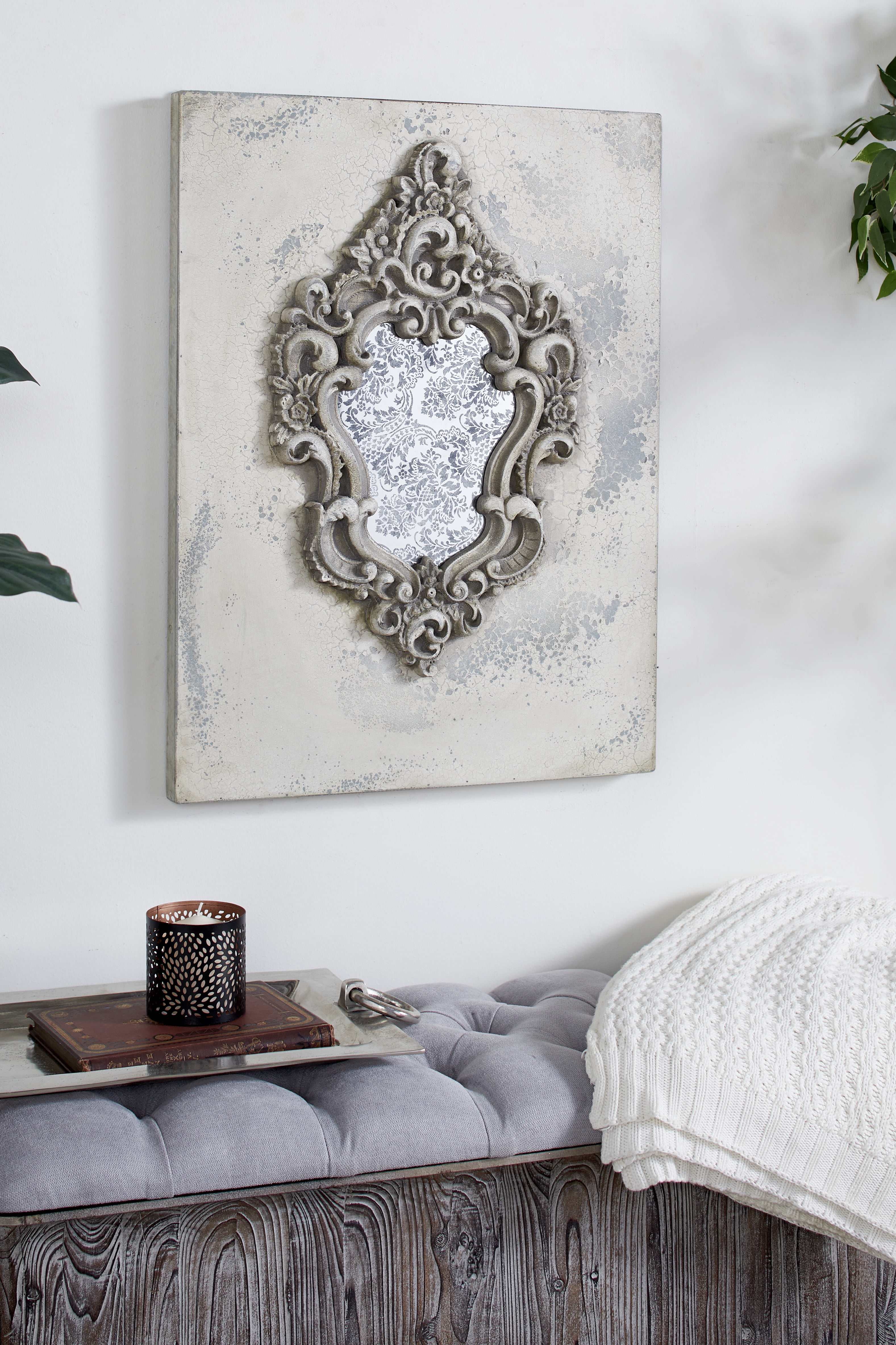 DecMode Large Gray and Beige Antique Frame with Damask Print Wooden Wall Plaque, 23.5” x 31.5”