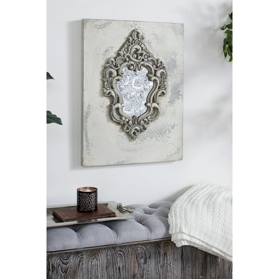 DecMode Large Gray and Beige Antique Frame with Damask Print Wooden Wall Plaque, 23.5” x 31.5”