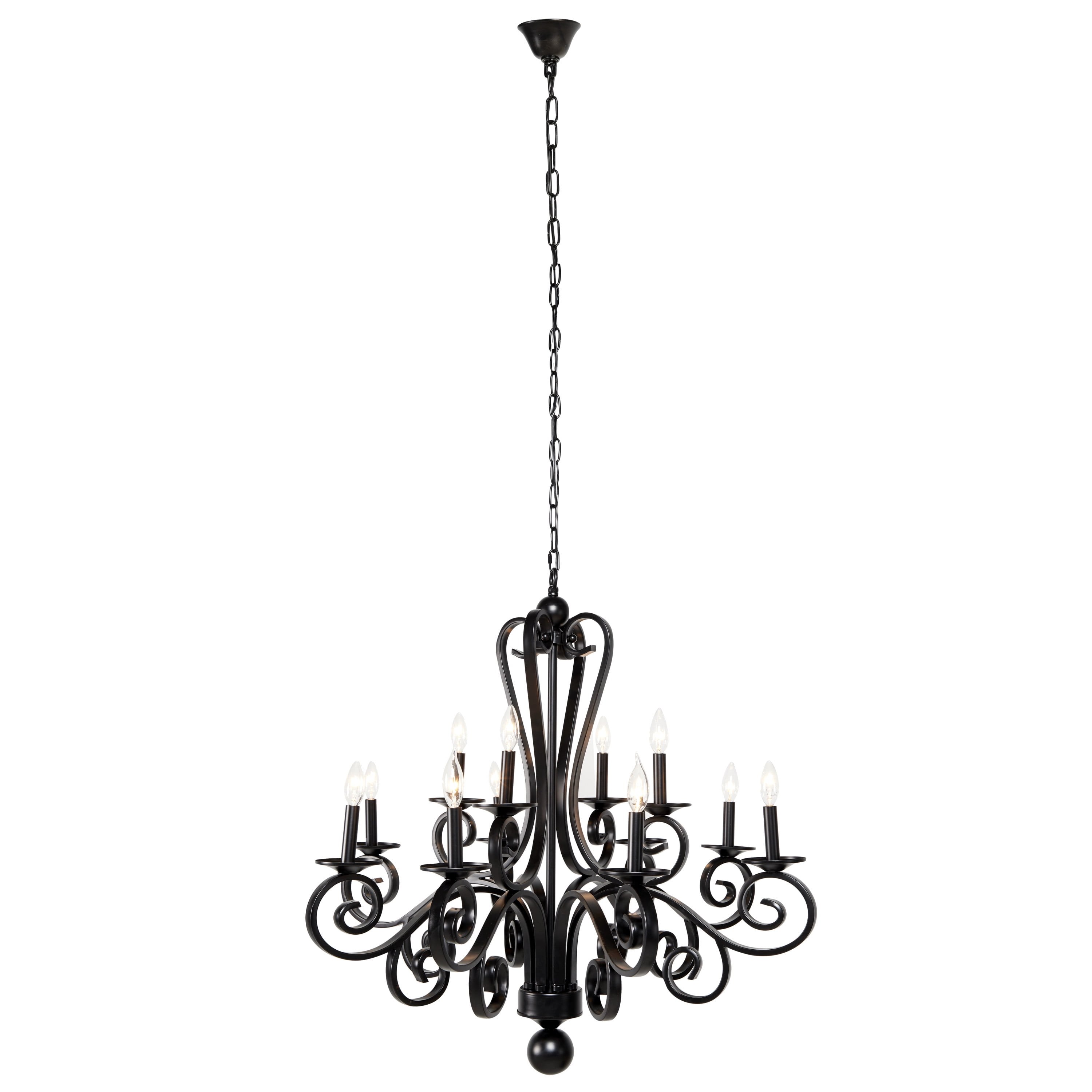 DecMode Large Modern Black Metal Chandelier Pendant Light with Scrolled Arms, 35” x 35”
