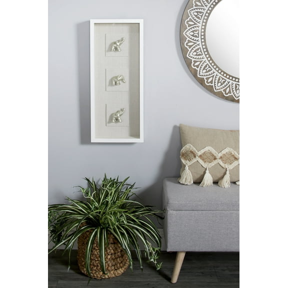 DecMode Large Rectangular Metallic Silver Elephant Animal Wall Art Shadow Box, 12” x 27.5”