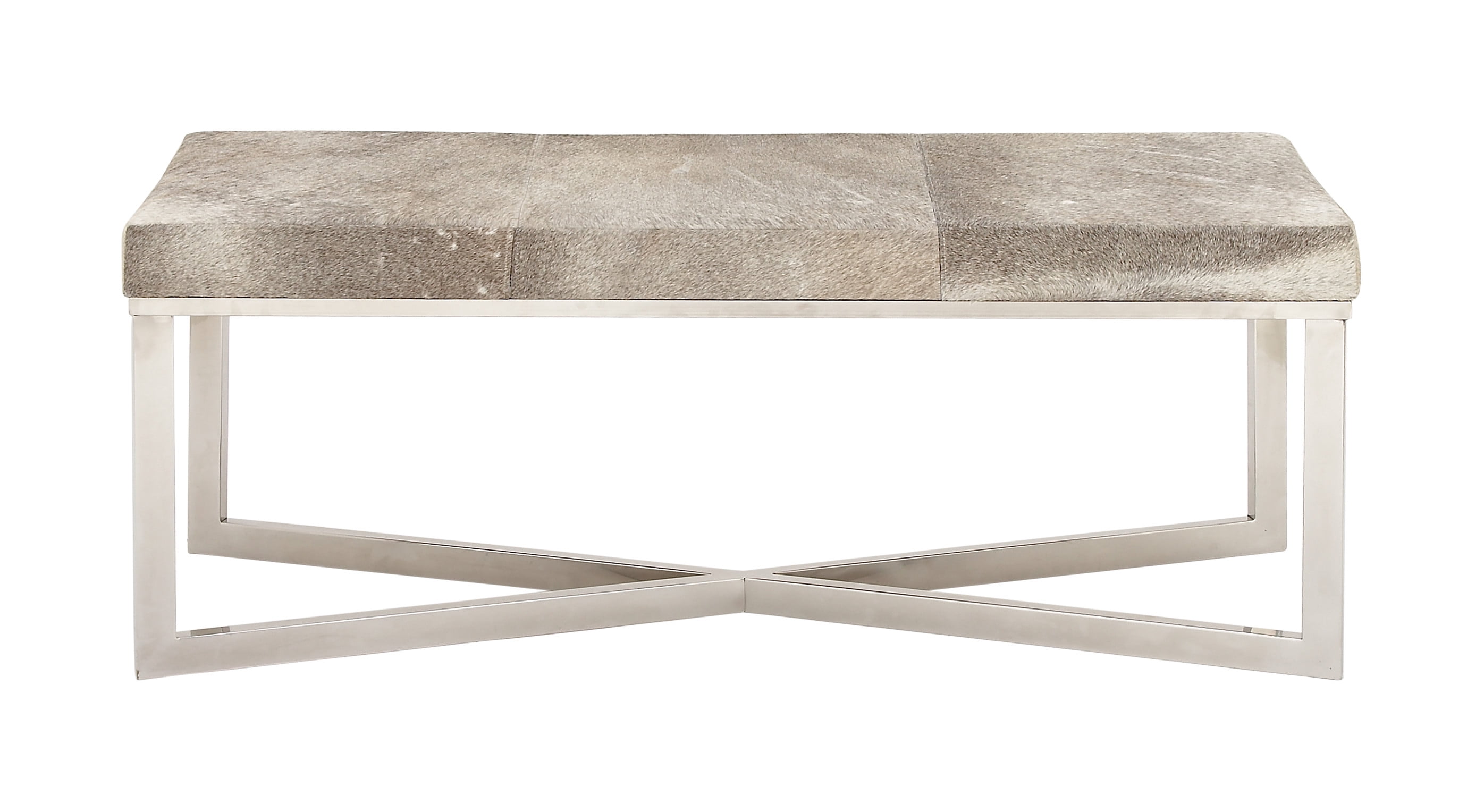 Gray Handmade Cowhide Bench with Silver Metal X-Base