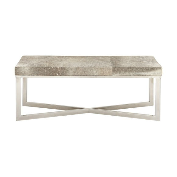DecMode Leather Handmade Cowhide Bench with Silver Metal Base, Gray
