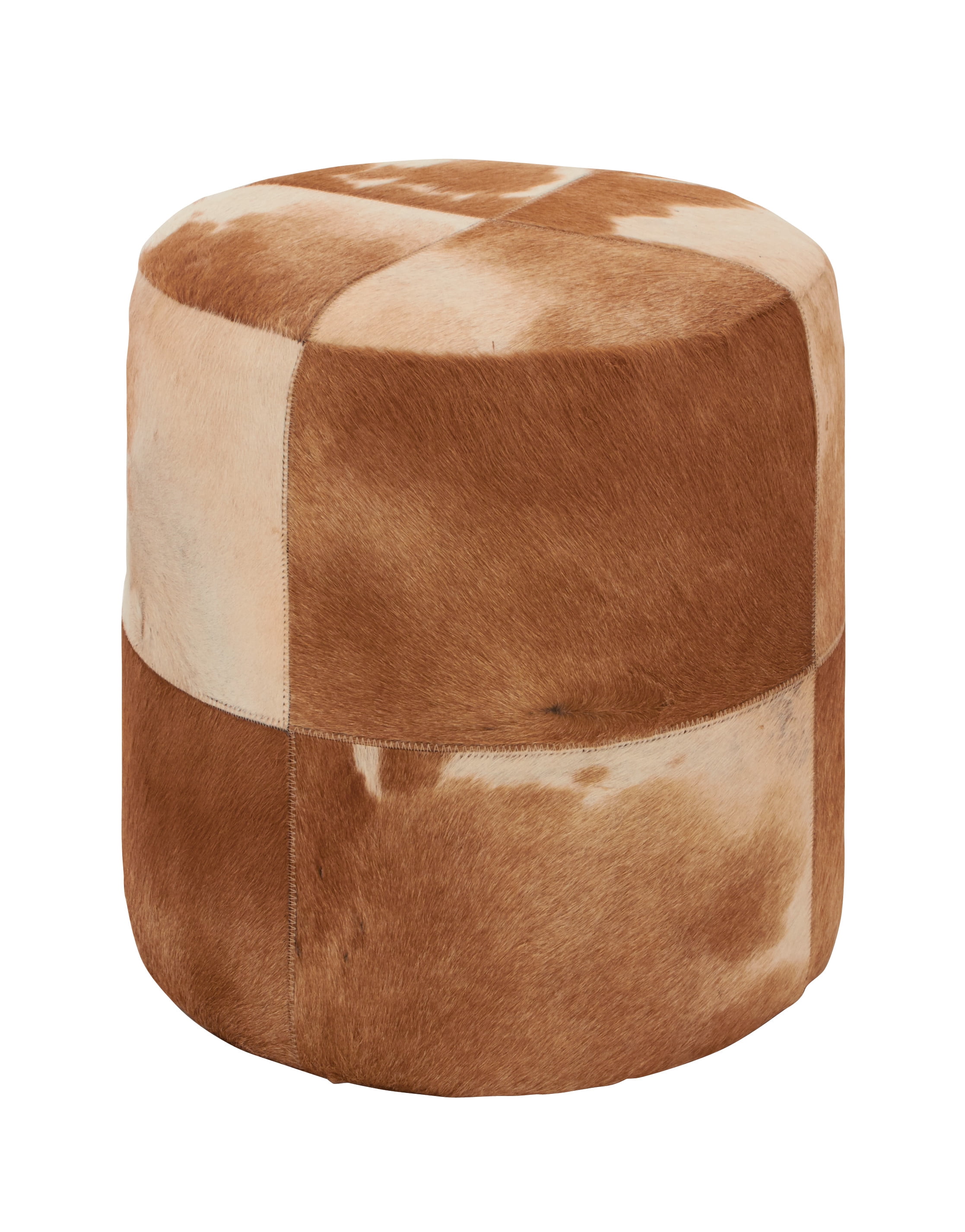Handmade Patchwork Leather Cylinder Ottoman in Brown - 16" x 16" x 16"