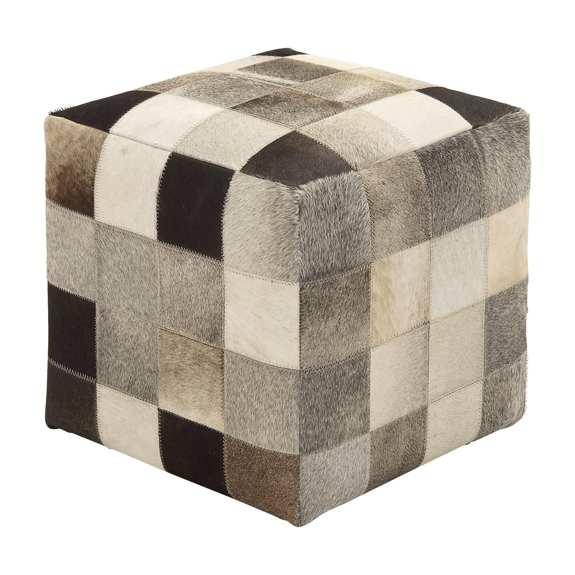 DecMode Leather Handmade Cowhide Stool with Patchwork Pattern, Multi Colored