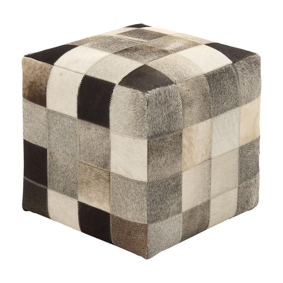 DecMode Leather Handmade Cowhide Stool with Patchwork Pattern, Multi Colored