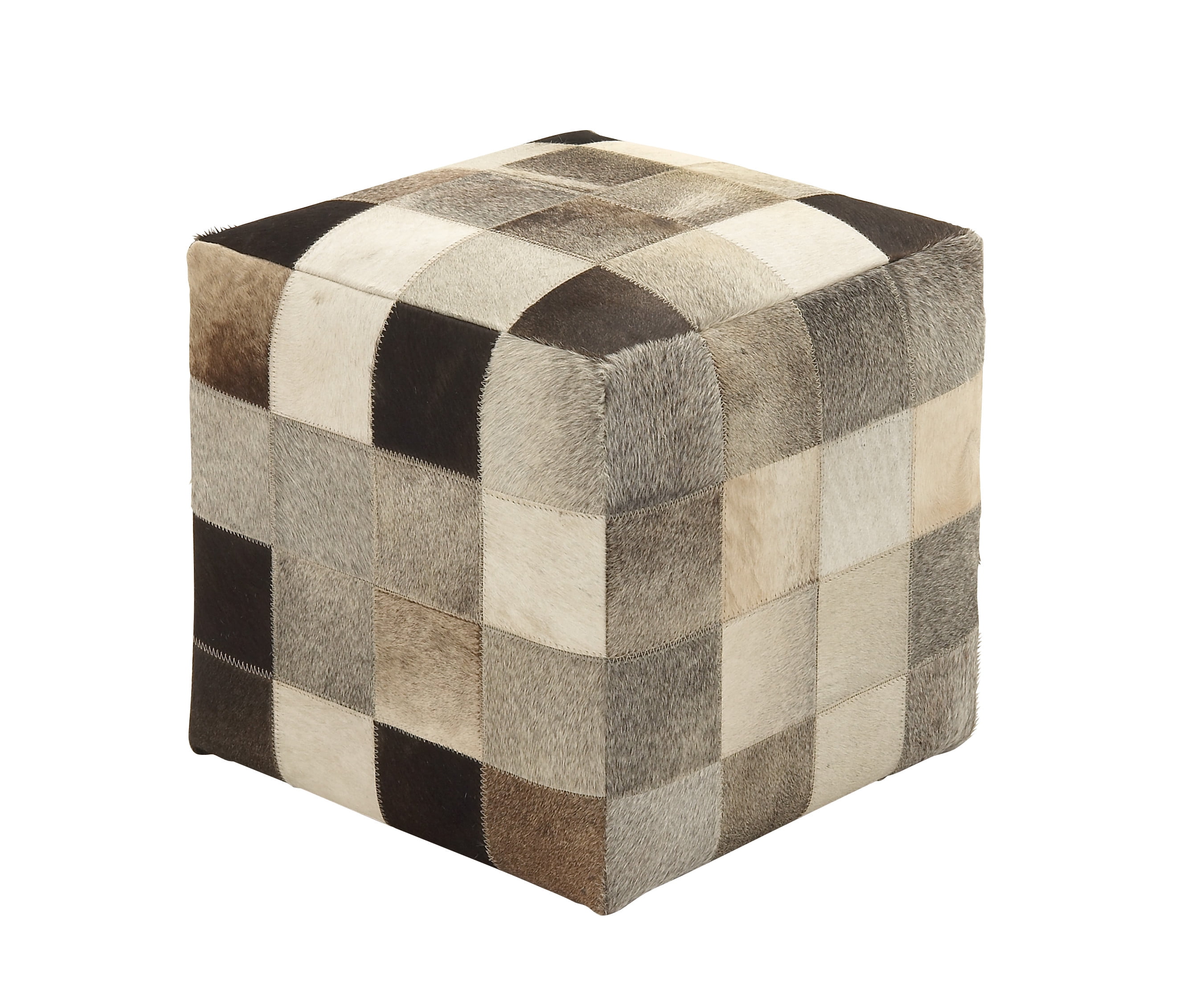 Contemporary Patchwork Leather Pouf Ottoman, Multi-Colored 16"x16"