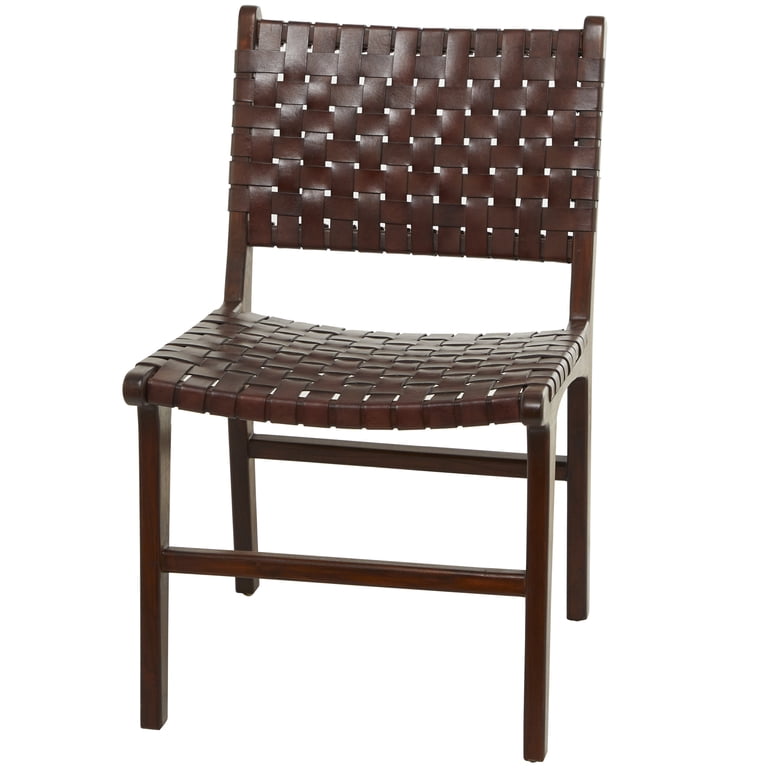 DecMode Leather Handmade Woven Dining Chair with Teak Wood Frame