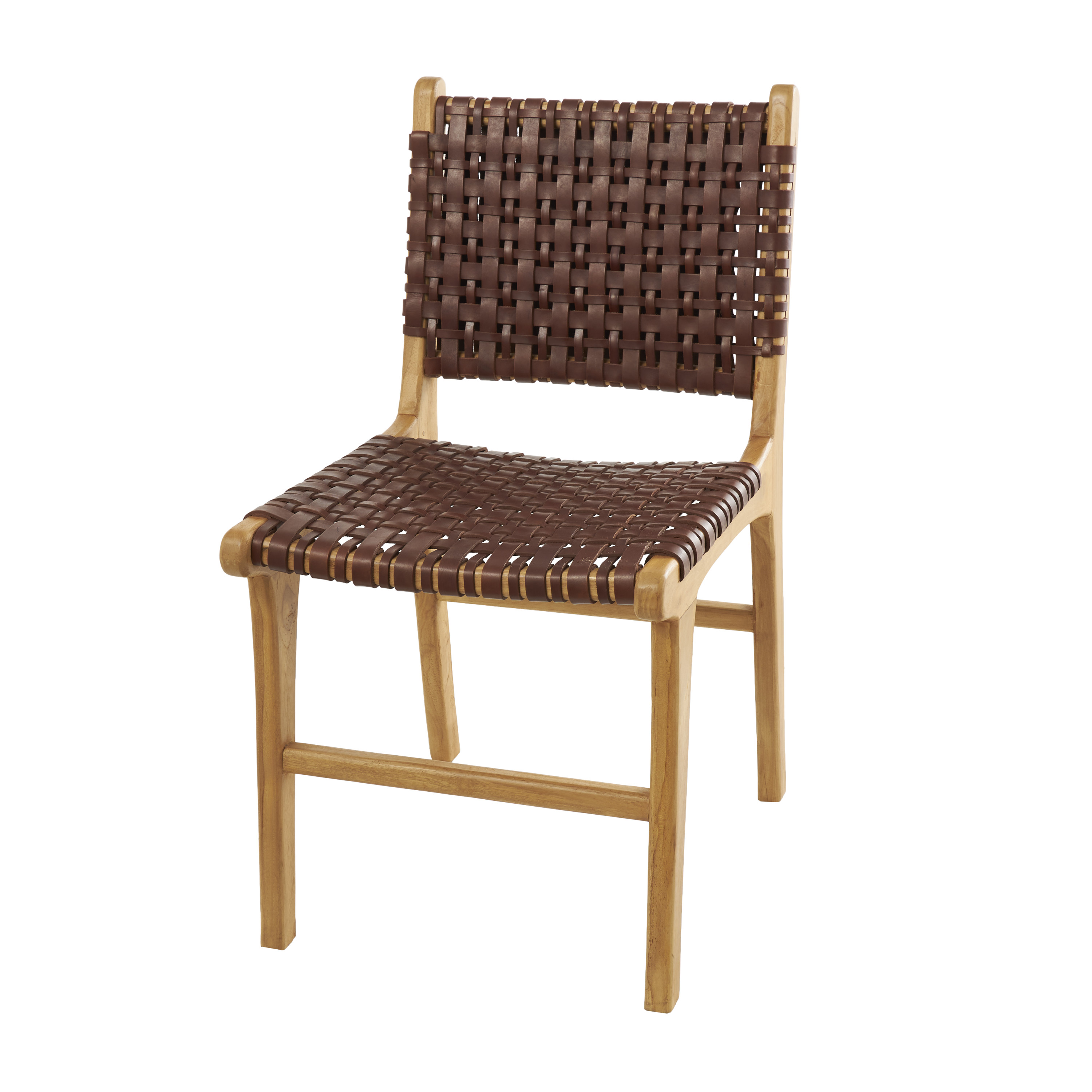 DecMode Leather Handmade Woven Lounge Chair with Teak Wood Frame, Dark Brown, Set of 2