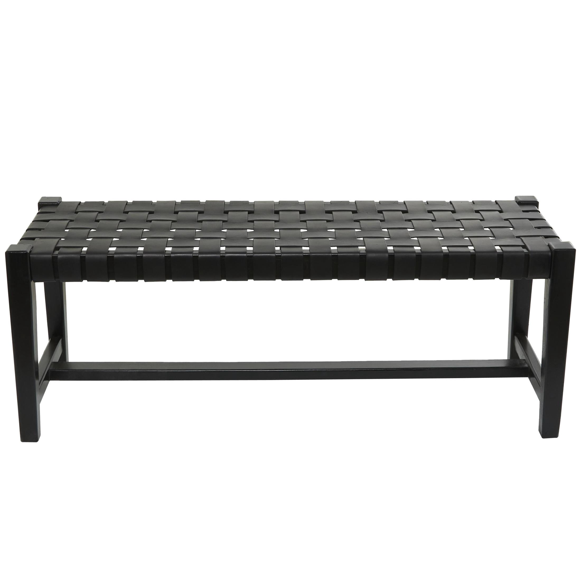 DecMode Leather Handmade Woven Bench with Teak Wood Frame, Black