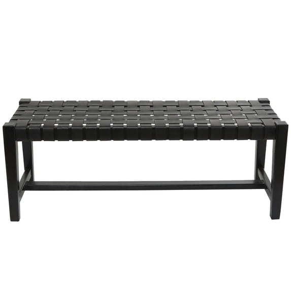 DecMode Leather Handmade Woven Bench with Teak Wood Frame, Black