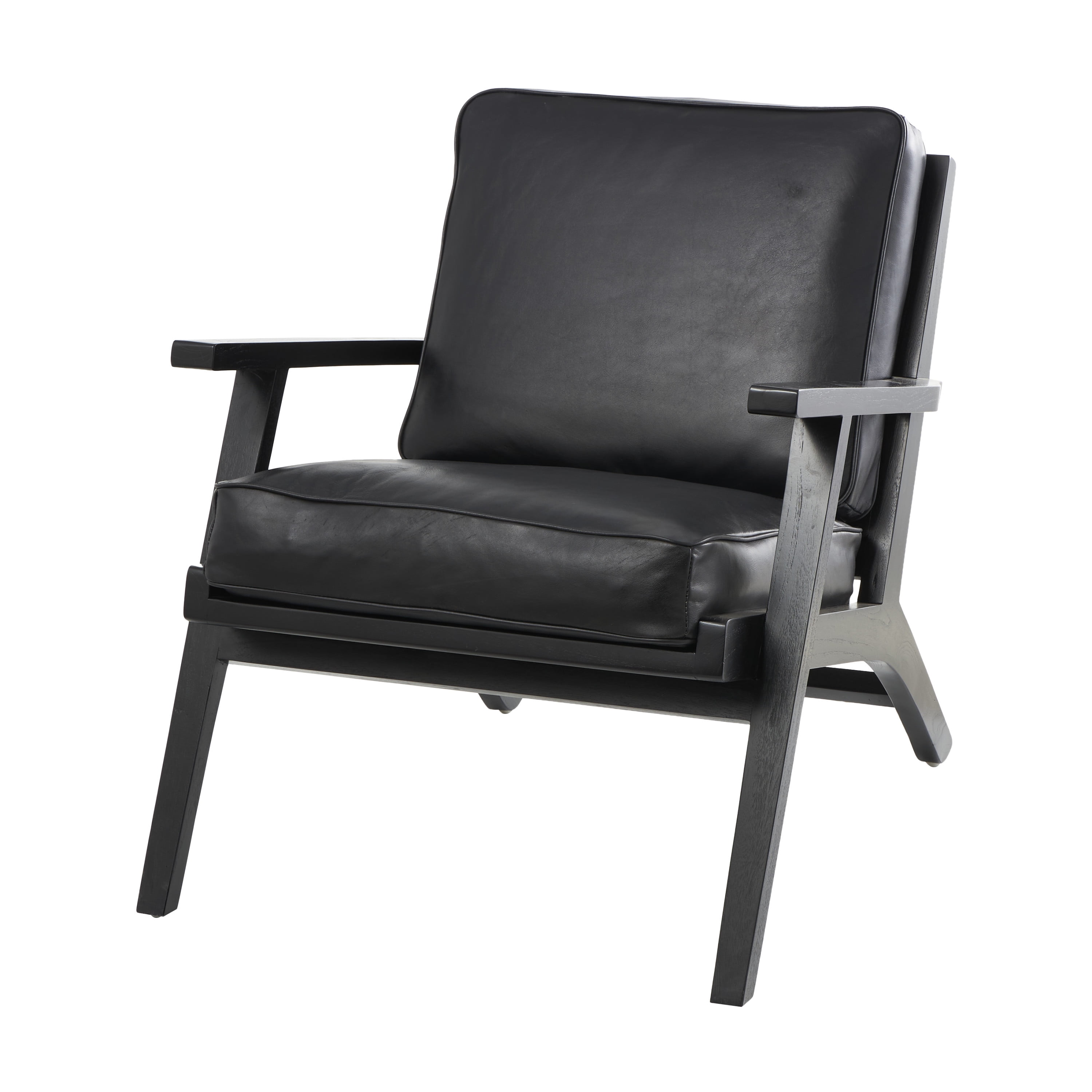 DecMode Leather Mid-Century Lounge Chair with Teak Wood Frame, Black