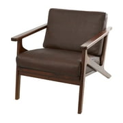 DecMode Leather Mid-Century Lounge Chair with Teak Wood Frame, Dark Brown