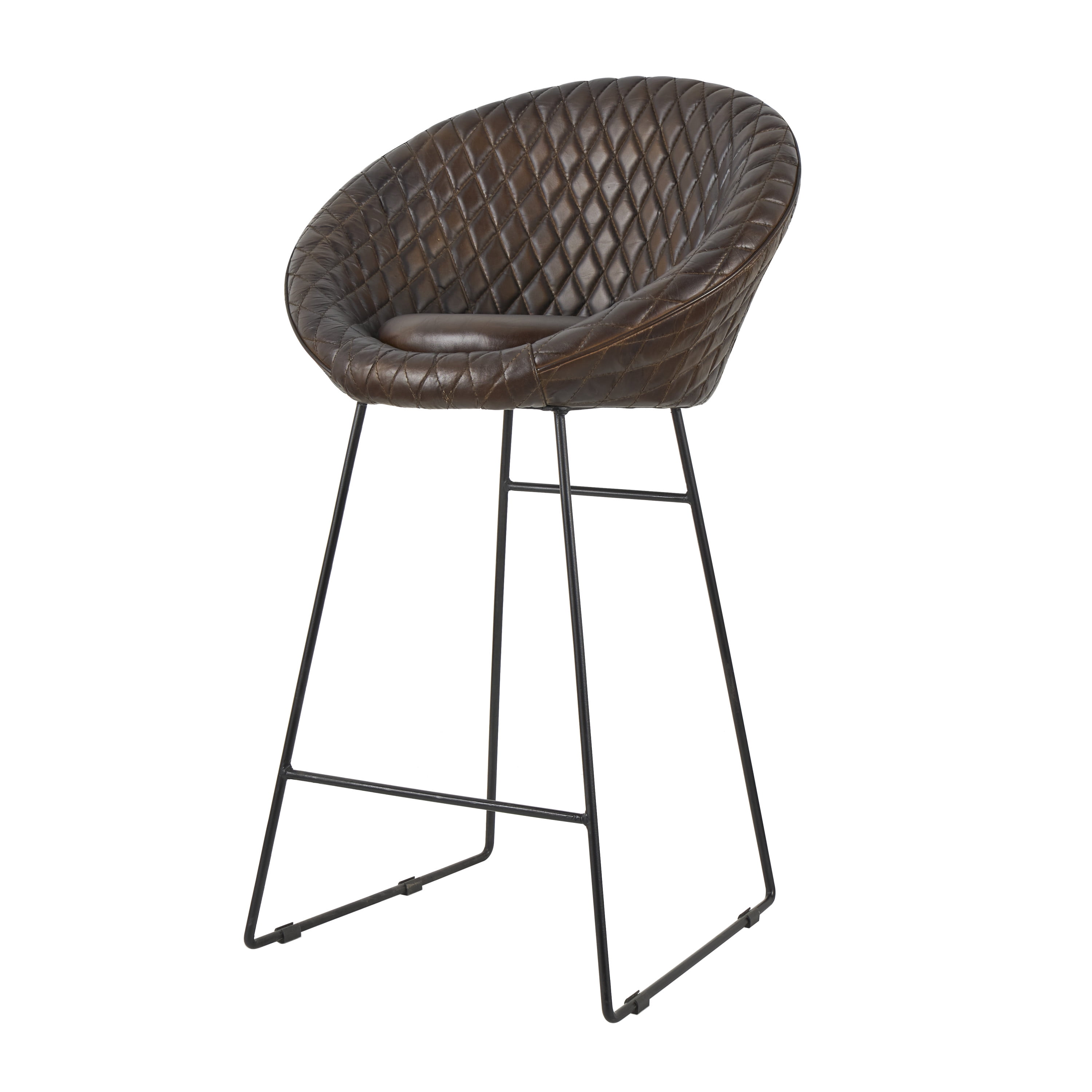 DecMode Leather Round Diamond Tufted Bar Stool with High Back and Black Metal Legs, Dark Brown