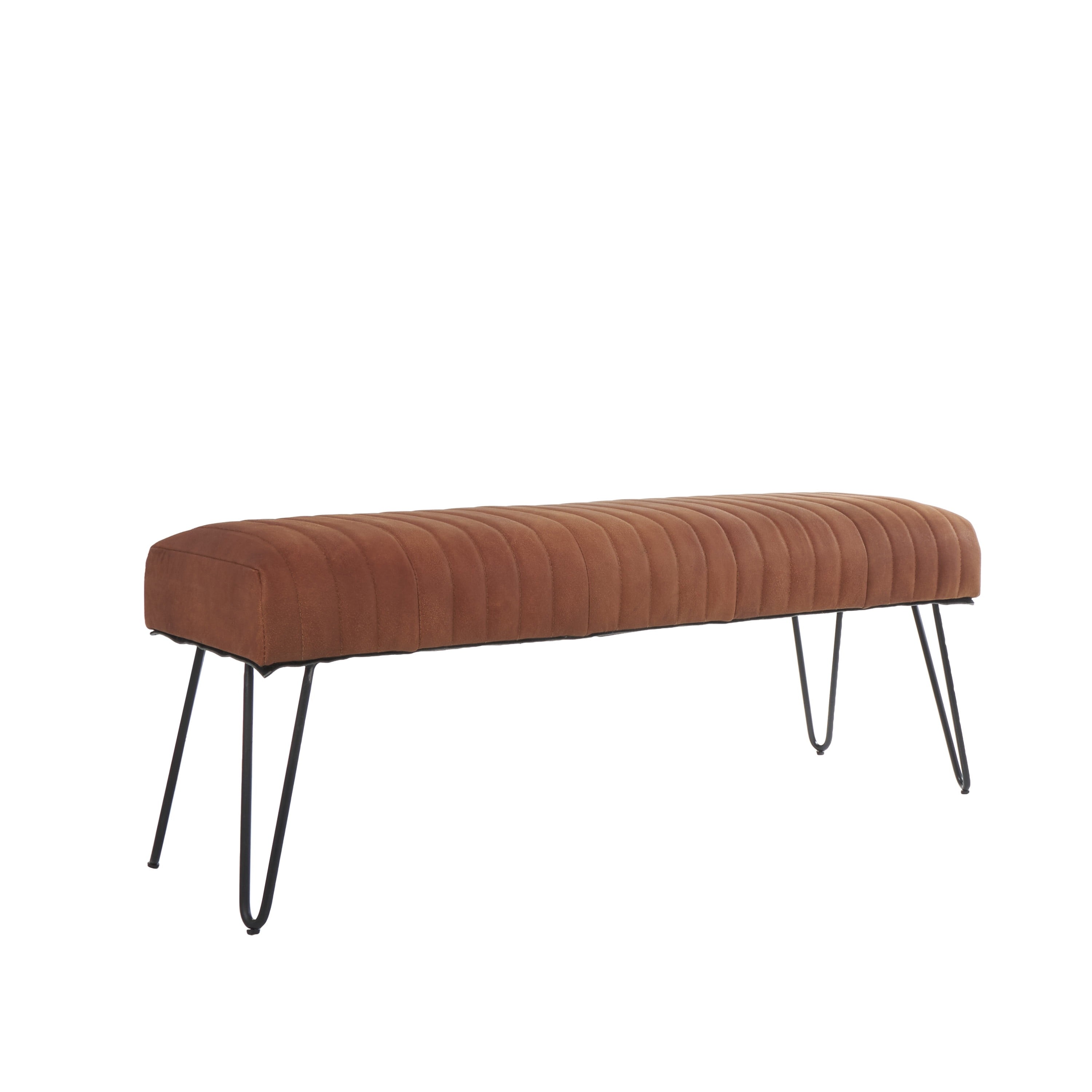 DecMode Leather Upholstered Bench with Linear Tufted Panels and Black Metal Hairpin Legs, Brown