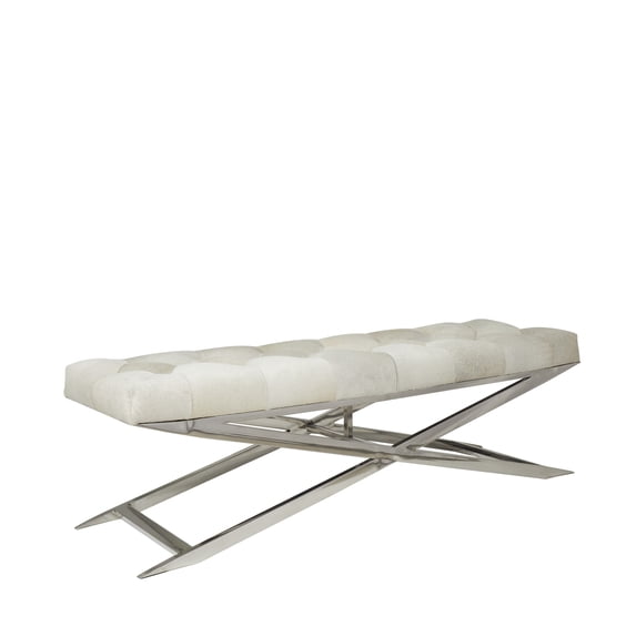 DecMode Leather Upholstered Tufted Bench with Silver Diagonal Base, Gray
