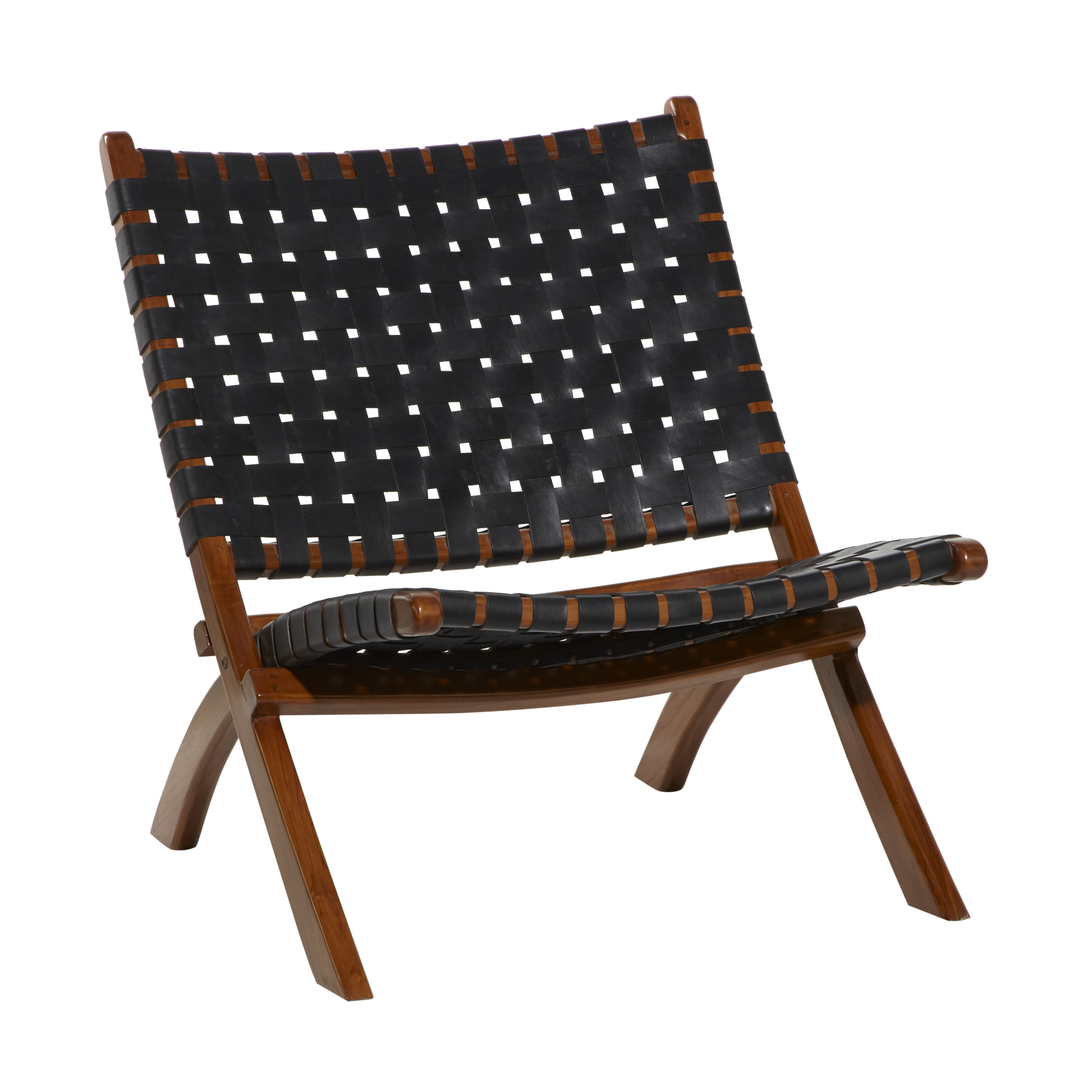 DecMode Leather Woven Folding Chair with Brown Wood Frame, Black