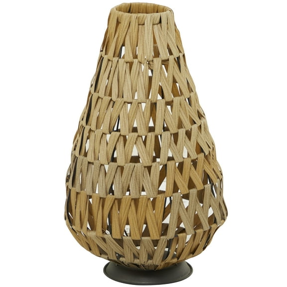 DecMode Light Brown Plastic Rattan Handmade Decorative Candle Lantern with Wrapped Zig Zag Design