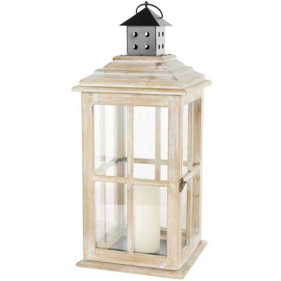 DecMode Light Brown Wood Light House Decorative Candle Lantern with Black Ring Handle