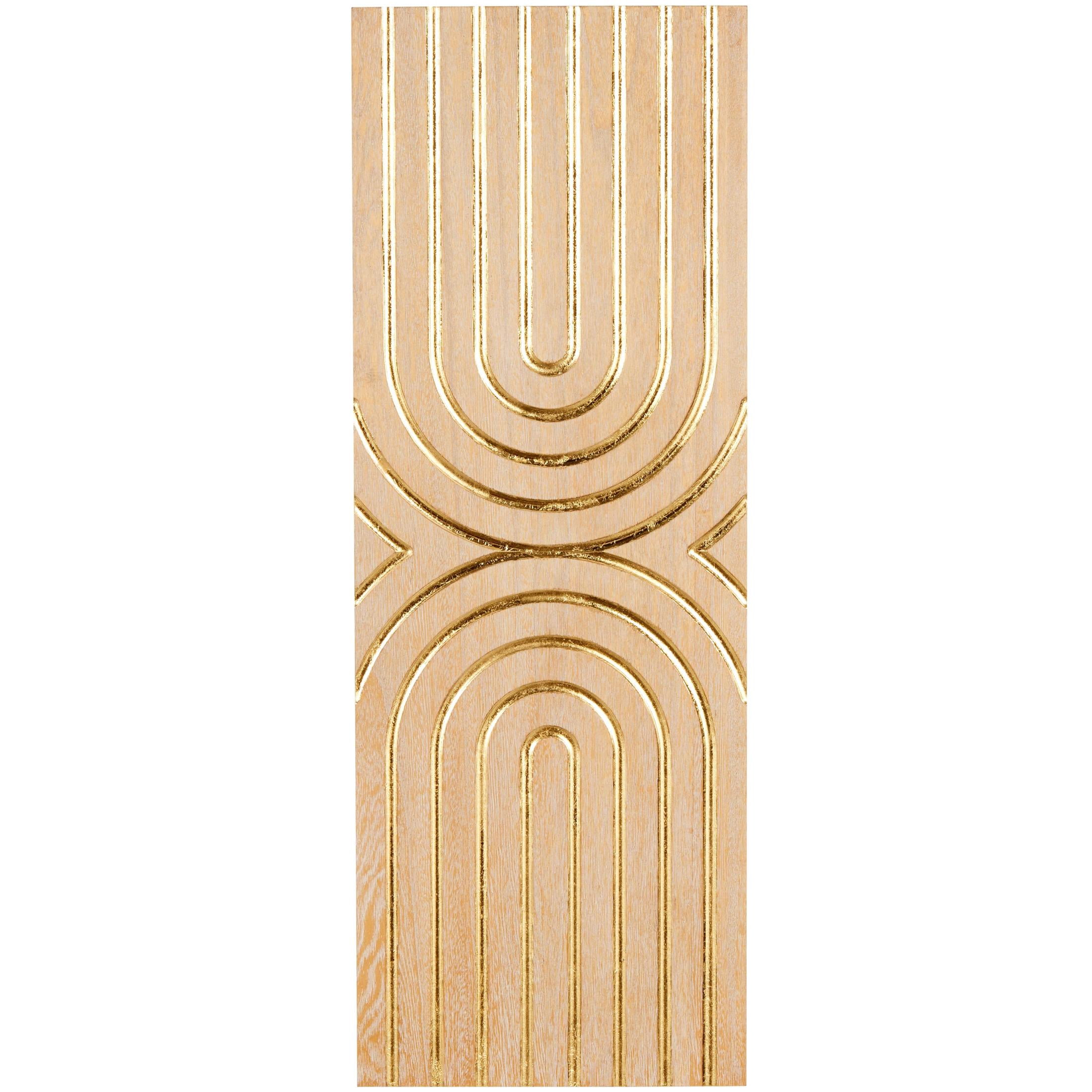 DecMode Light Brown Wood U Shapes Panel Geometric Wall Decor with Overlapping Gold Arches