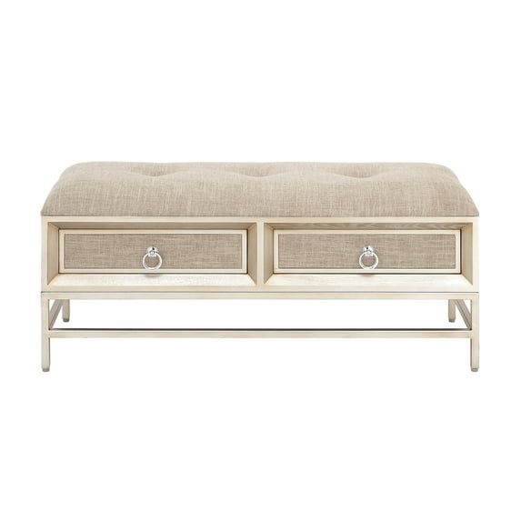DecMode Linen Upholstered Front Panel Storage Bench with Tufted Seat and Ring Handles, Beige