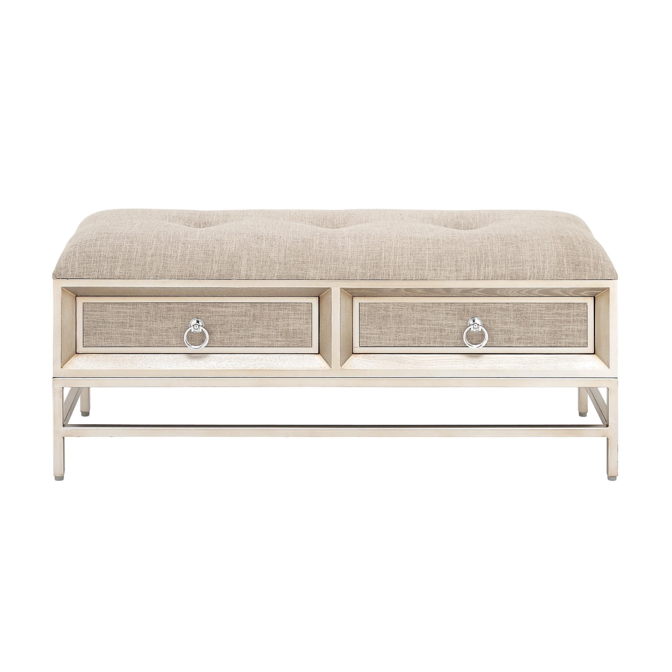 DecMode Linen Fabric Upholstered 2 Drawer Storage Bench with Tufted Seat and Ring Handles, Beige