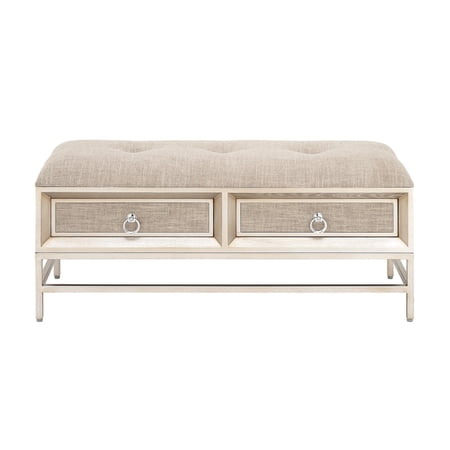 DecMode Linen Fabric Upholstered 2 Drawer Storage Bench with Tufted Seat and Ring Handles, Beige