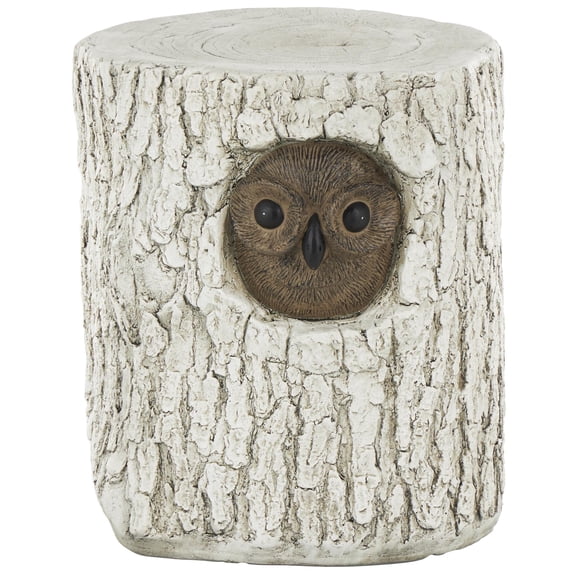 DecMode Magnesium Oxide Owl Tree Trunk Garden Stool with Brown Accents, White
