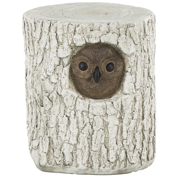 DecMode Magnesium Oxide Owl Tree Trunk Garden Stool with Brown Accents, White