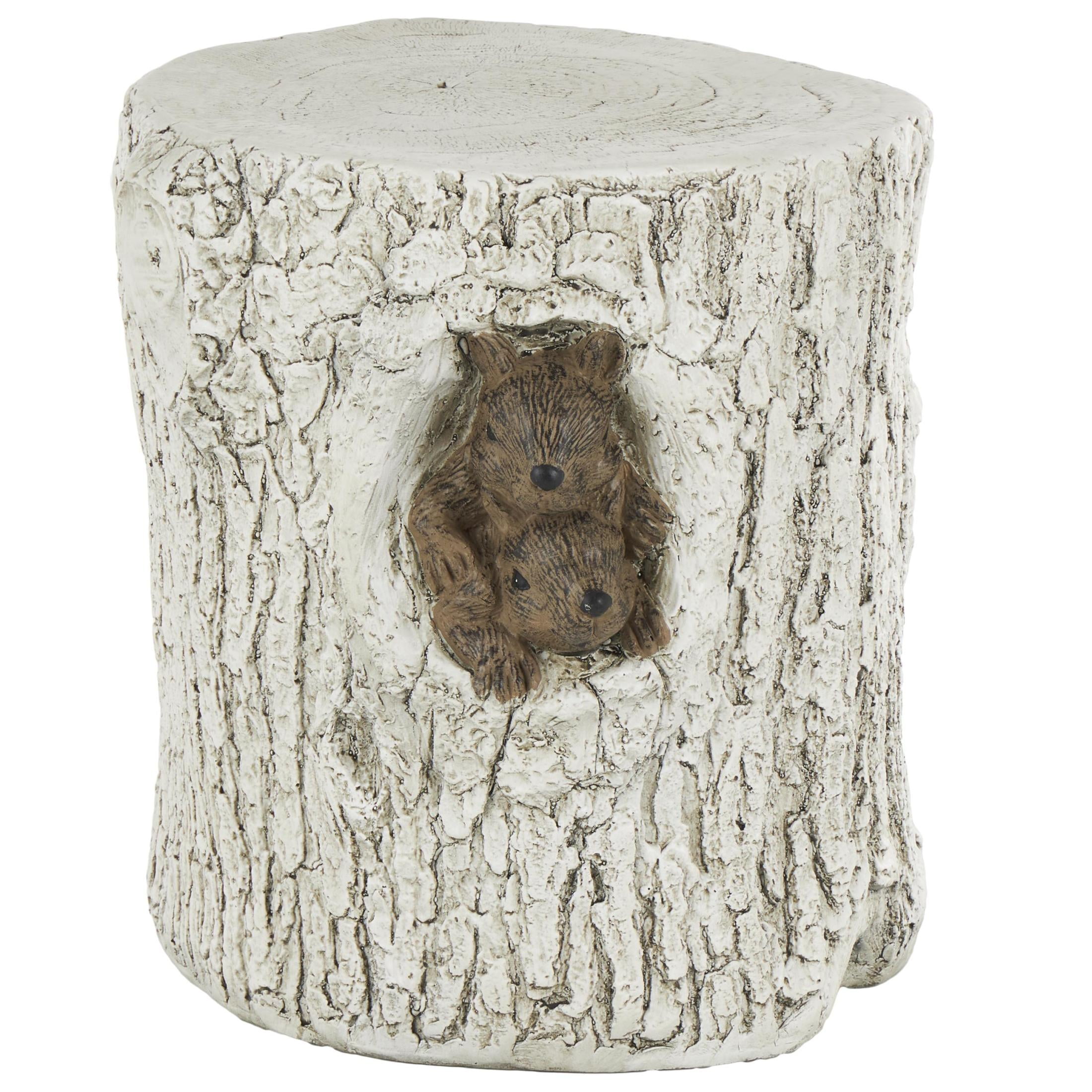 DecMode Magnesium Oxide Squirrel Tree Trunk Garden Stool with Brown Accents, White