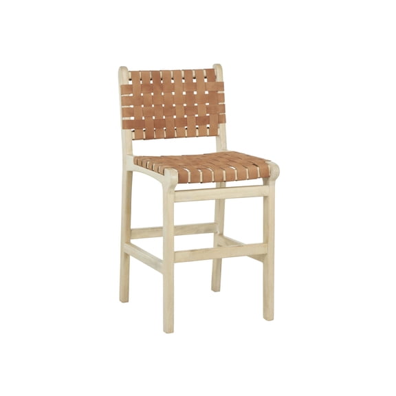 DecMode Mango Wood Handmade Woven Bar Stool with with Backrest and Footrest, Light Brown