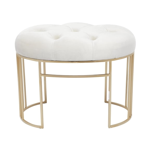 DecMode Velvet Oval Tufted Bench with Gold Metal Legs, White