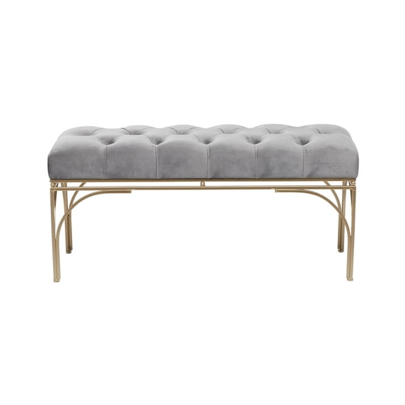 DecMode Velvet Tufted Bench with Gold Metal Legs, Gray