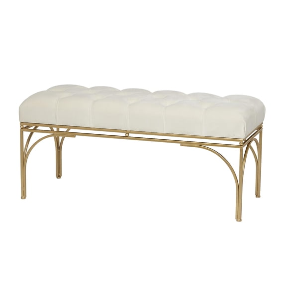 DecMode Velvet Tufted Bench with Gold Metal Legs, White