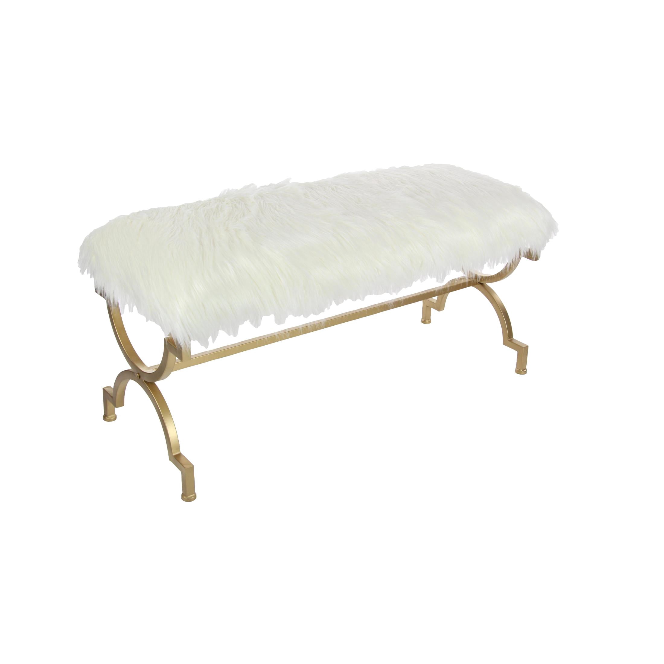 DecMode Metal Bench with White Faux Fur Top, Gold
