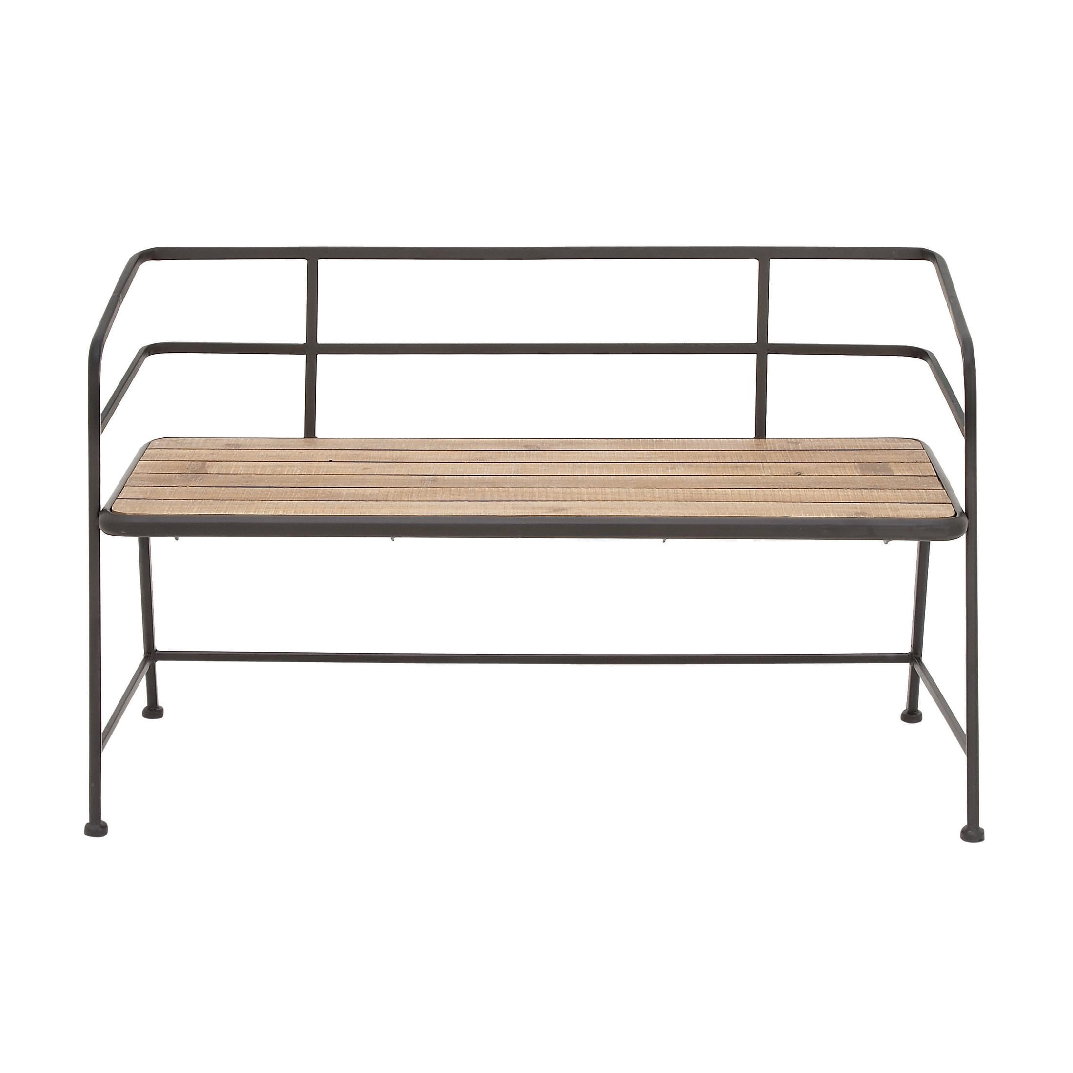 DecMode Metal Bench with Brown Wood Seat, Black