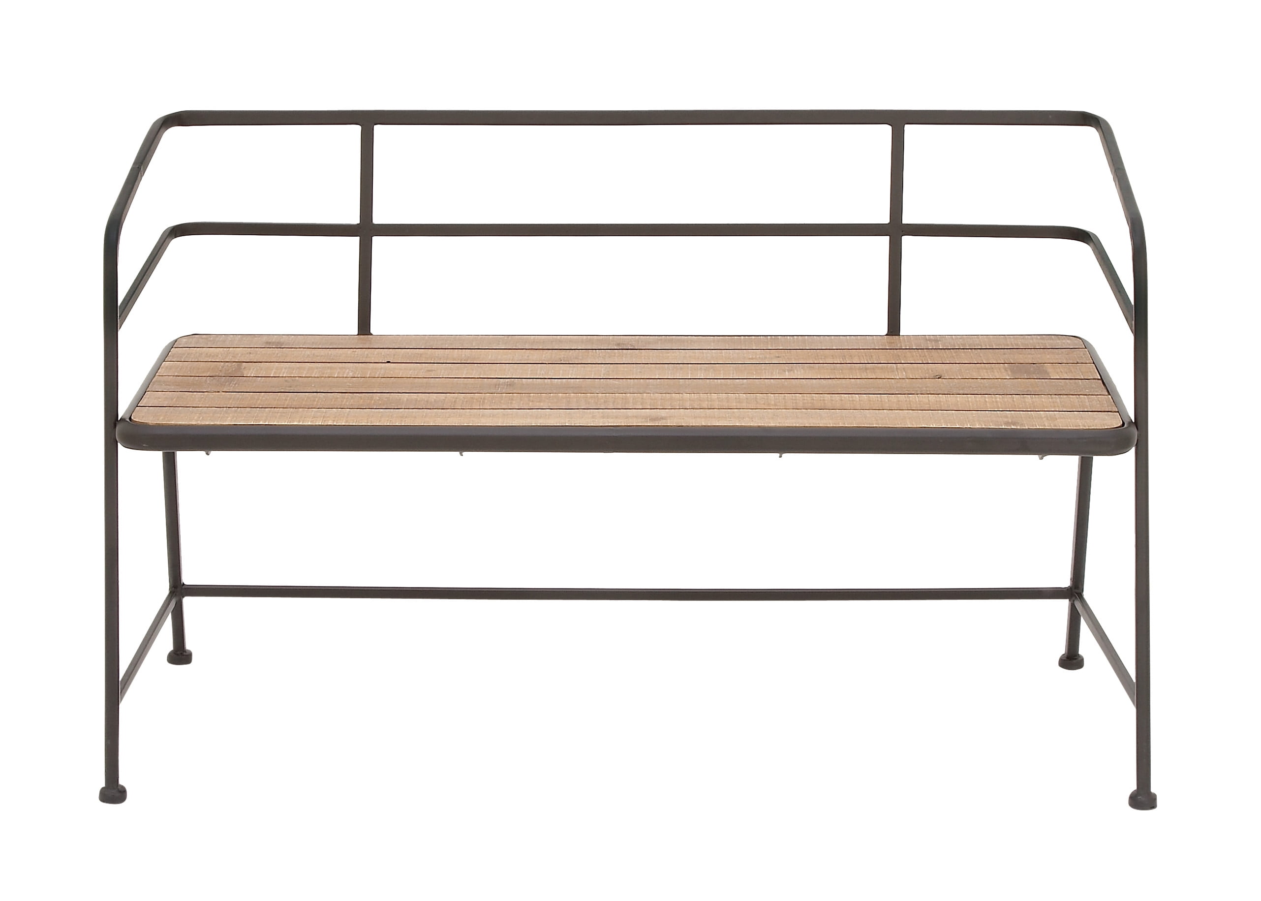 Industrial Black Metal and Brown Wood Slat Bench