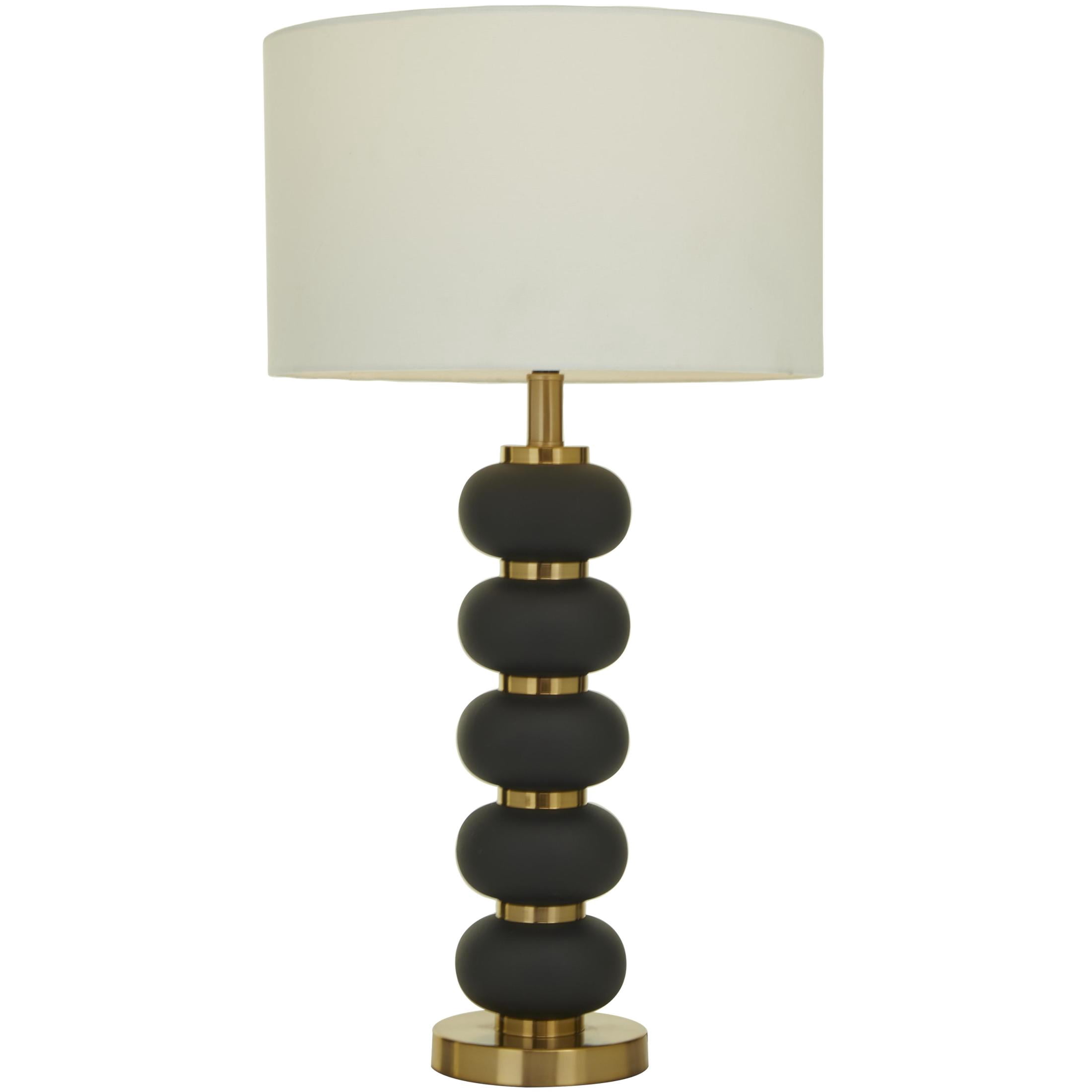 DecMode Metal Contemporary Drum Shaped with Oblong Shaped Accent Table Lamp 15"W x 28"H, Matte Black and Metallic Gold Finished Body with White Linen Lampshade