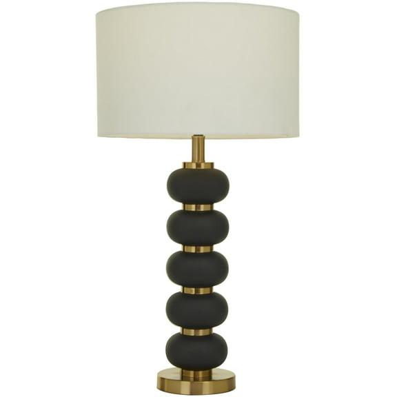 DecMode Metal Contemporary Drum Shaped with Oblong Shaped Accent Table Lamp 15"W x 28"H, Matte Black and Metallic Gold Finished Body with White Linen Lampshade