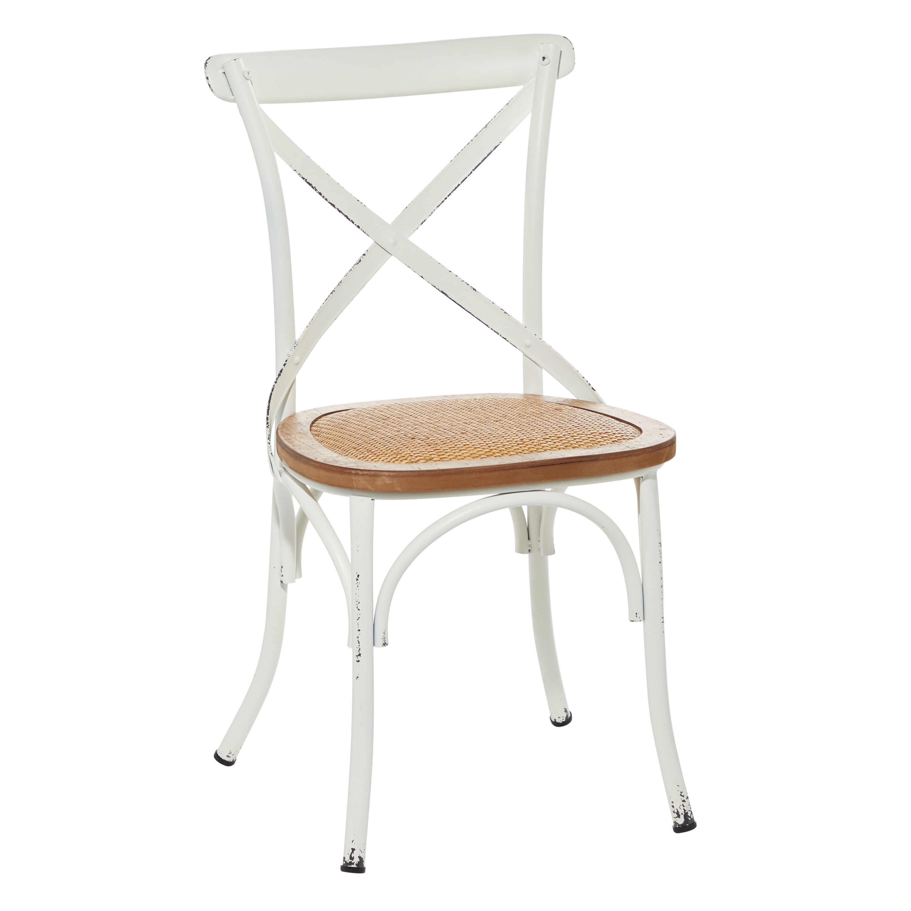 DecMode Metal Dining Chair with Brown Rattan Seat, Set of 2, White